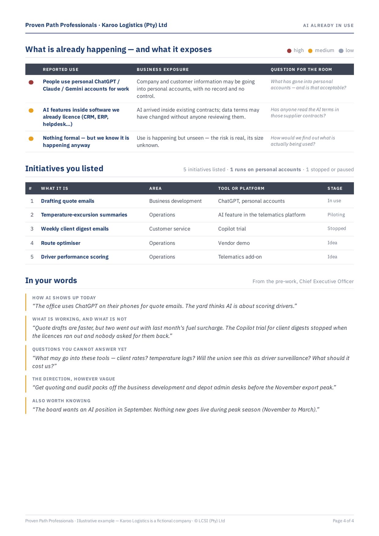 Example brief, page 4: AI already in use, the business exposure of each type of use, the initiatives listed, and the respondent's own words.