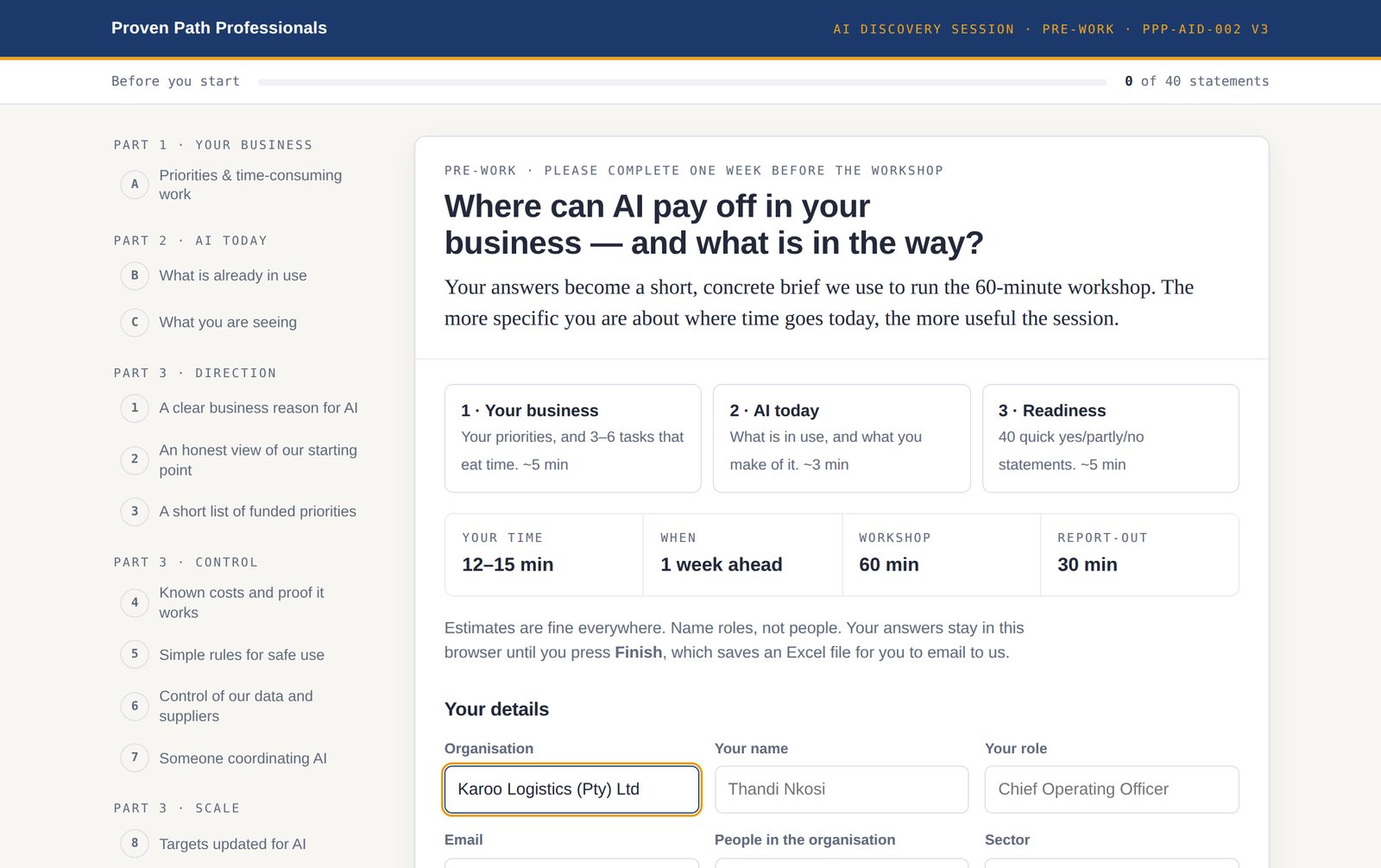 Questionnaire start screen: 'Where can AI pay off in your business — and what is in the way?' with three parts, timings and business details.